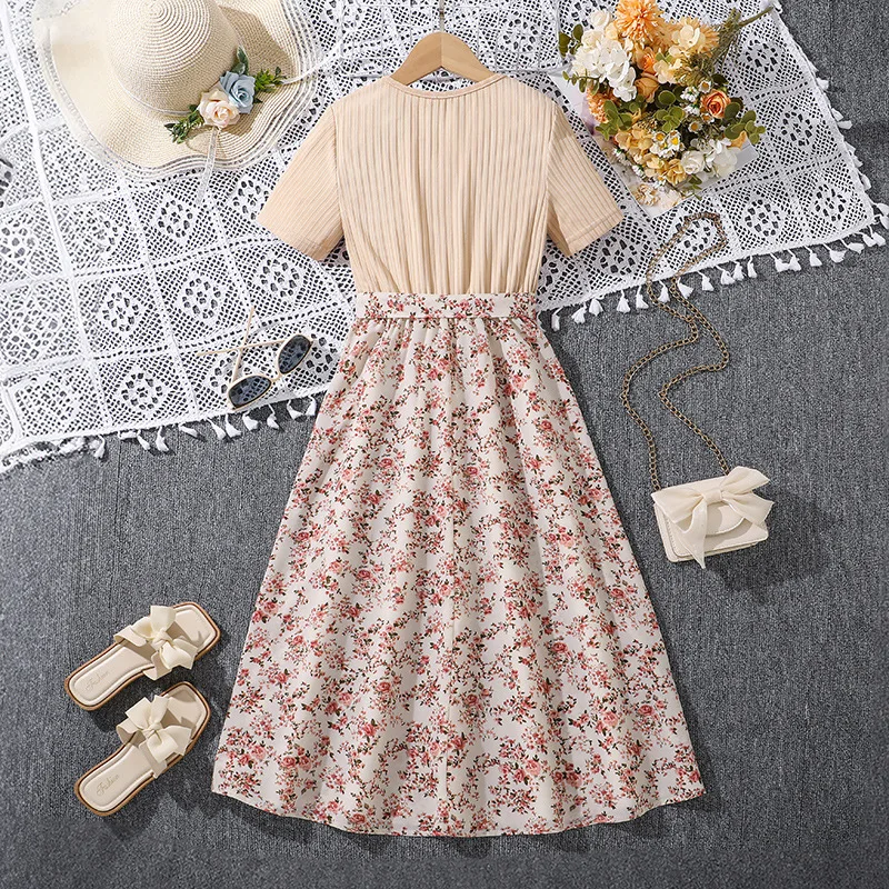 2025 New Arrival Girls Short Sleeve Patchwork Print Floral Khaki Roupa Infantil Menina Cute Party Dress Custume 8-12T