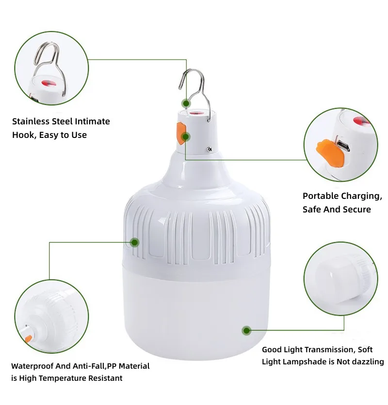 Bombilla LED recargable por USB para exteriores, luz de emergencia, gancho, linterna portátil, luz nocturna, Camping, pesca, 40W, 60W, 80W