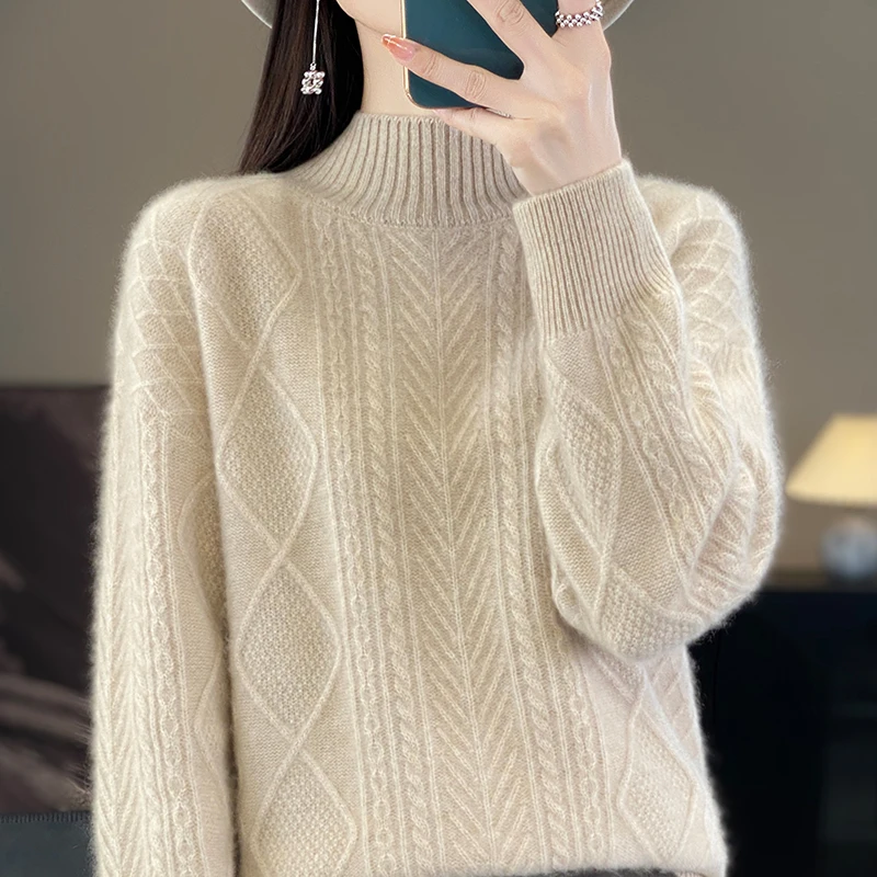 

Autumn and winter new 100% pure wool women's semi-high-necked jacquard thick sweater loose fashion knit bottoming shirt top