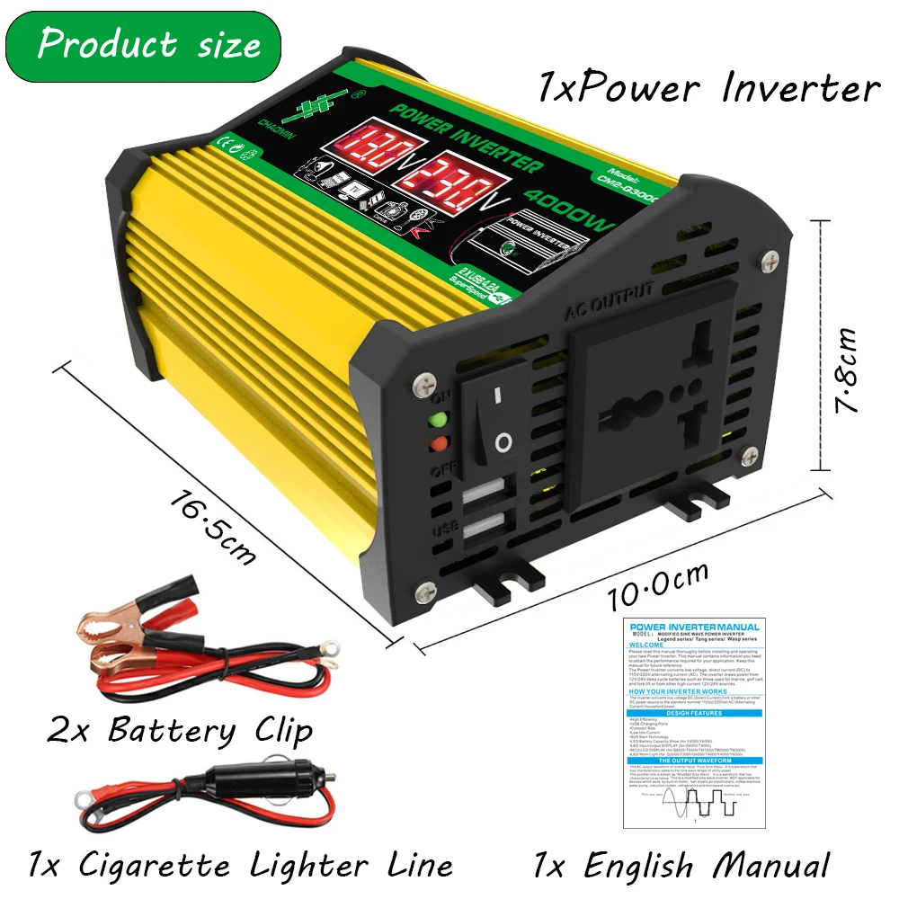 4000W Car Power Inverter DC 12V To AC 110/220V Transformer Vehicle-mounted Power Inverter Dual USB Converter Voltage LED Display