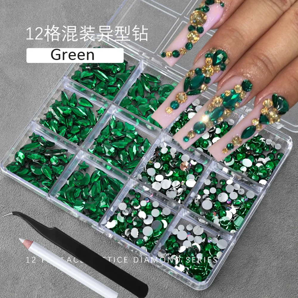12 Gitter 3D Baby Blau Multi-Form Nail Art Strasssteine Flache Rückseite Harz Diamant Luxus Nagel Charms für DIY Nagelspitzen Dekorationen