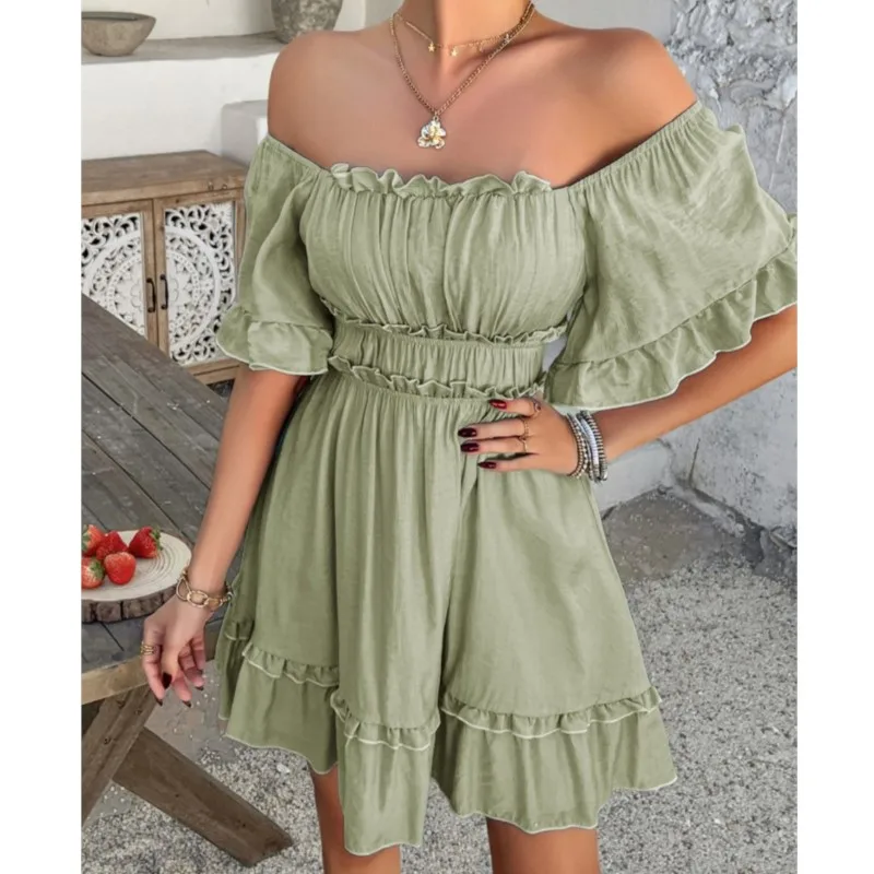 Robes élégantes pour femmes, nouveau Style de vacances décontracté, couleur unie, bord d'oreille, manches courtes, Mini robe de soirée courte, été 2025