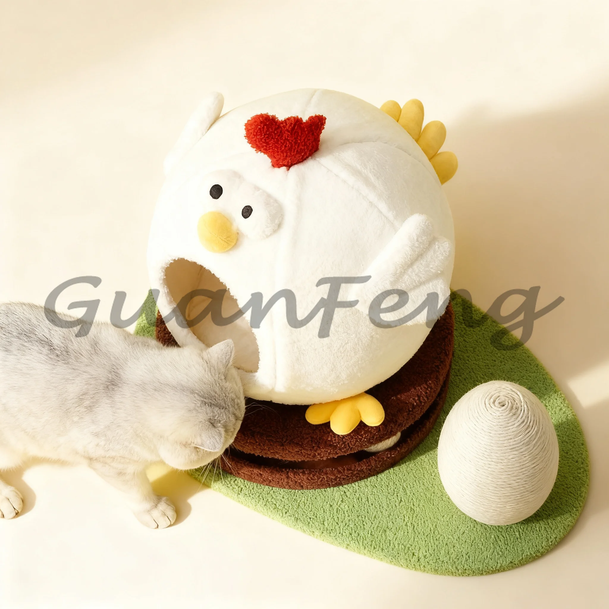 Multifunctional Chicken Shaped Cat Tree, Cute Solid Wood Cat Bed Pet Toy for Indoor Apartment Summer