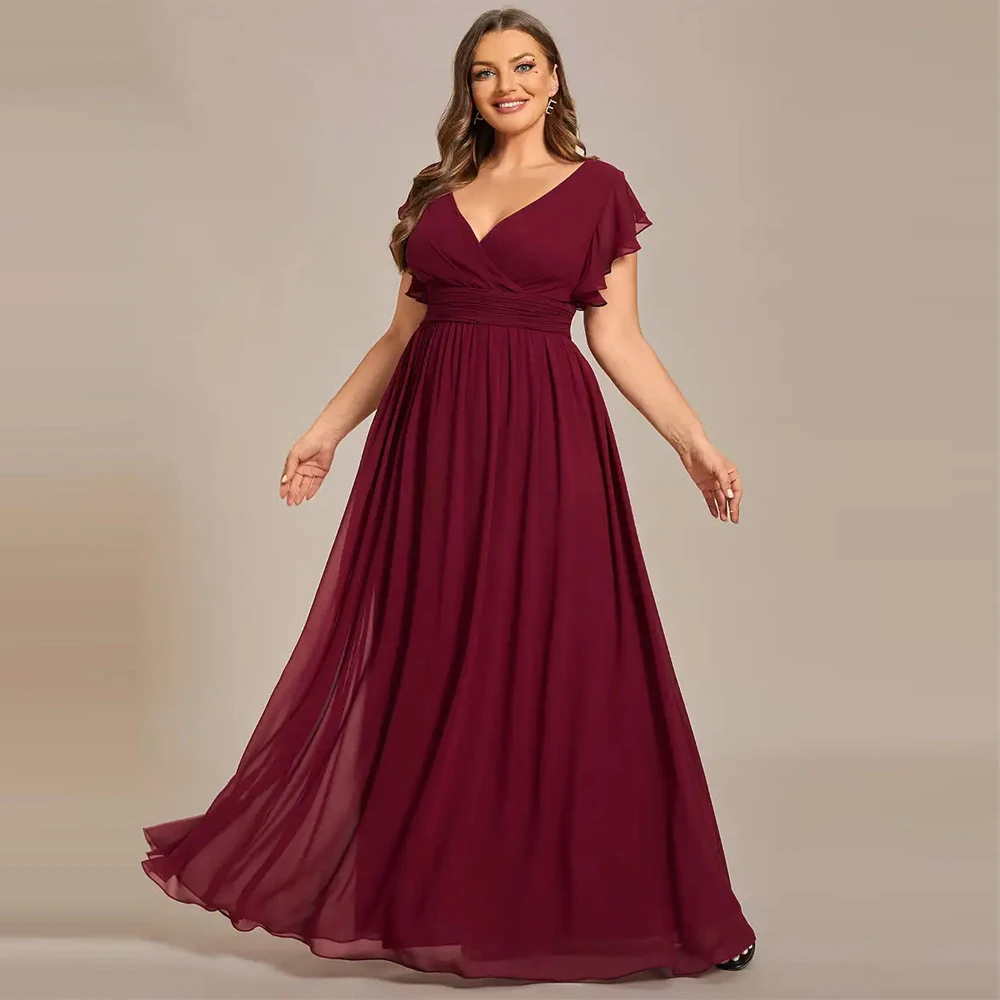 BAZIIINGAAA Party Dress Plus V Neck Pleated Belted Ruffles Bridesmaid Dresses Evening dress