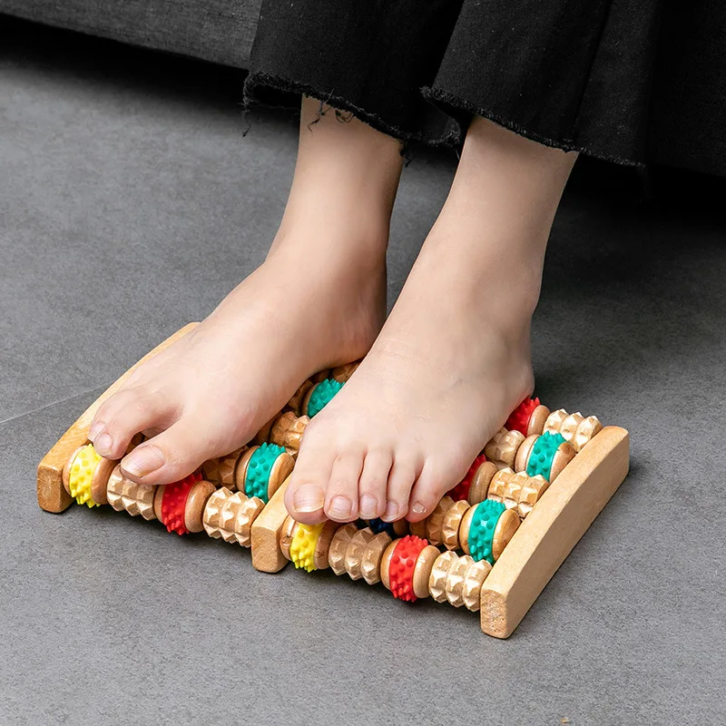 Wooden six row large roller foot massager with engraved characters for hand massage, household foot massager