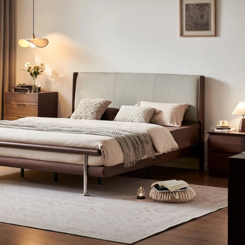 North American black walnut bed, solid wood master bedroom full green leather French retro soft bag bed