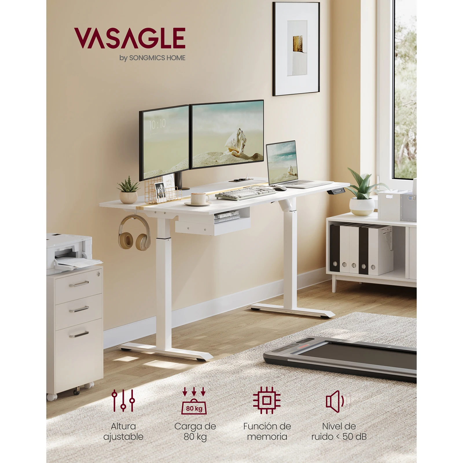 VASAGLE Electric Standing Desk: 70 x 160 cm Worktop, Plug, Drawer. Continuous Adjustment, 4 Height Memory Functions.