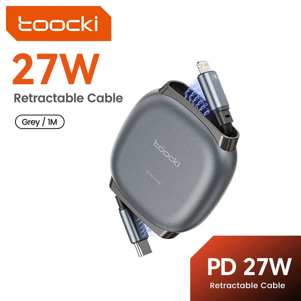 Кабель Toocki 27W Smooth Retractable USB C-Lightning для быстрой зарядки iPhone 14 13 Pro Max, iPad, магнитный, плоский, из TPE, для передачи данных