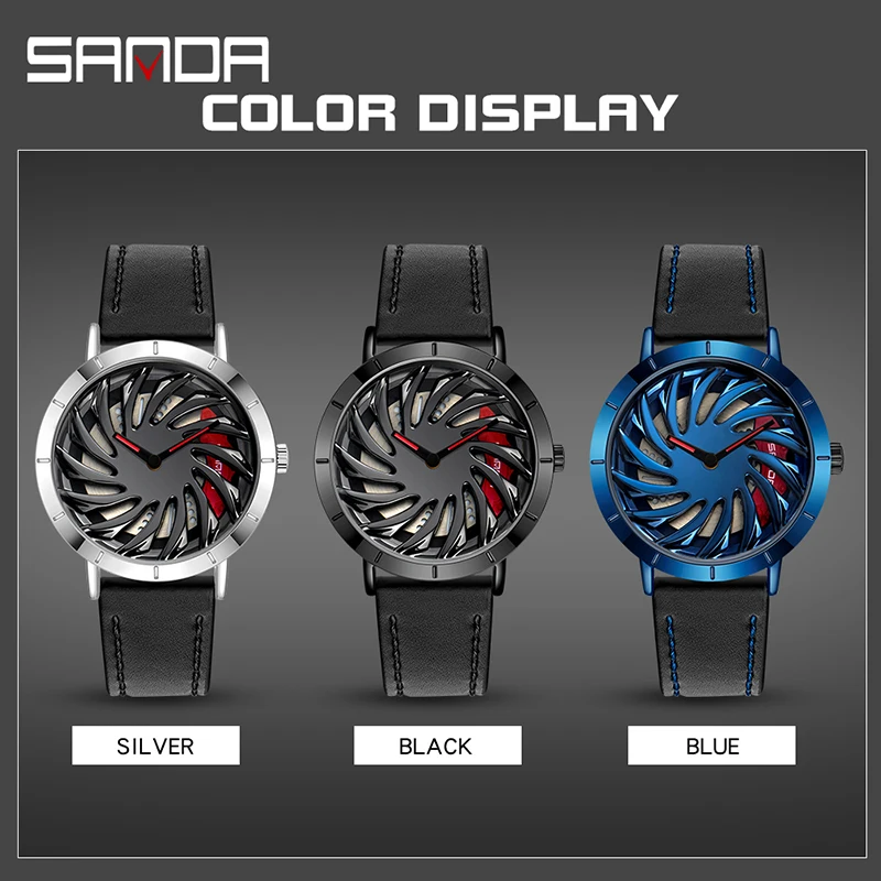 SANDA P1056 Fashion Design Watches Super Car Rim Wheel Waterproof Creative Genuine Leather Strap Men\'s Watch Relogio Masculino