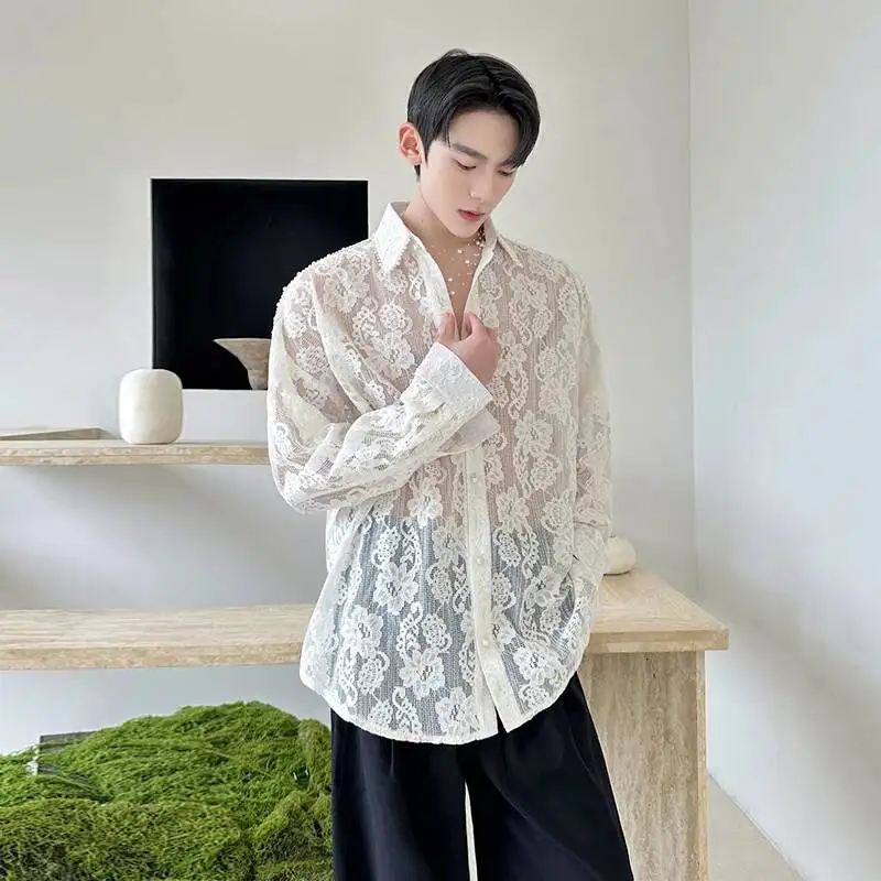 Lace Gothic Men's Sheer Shirt Floral Pattern Oversized Fit Long Sleeve Casual Streetwear Premium Top 5035