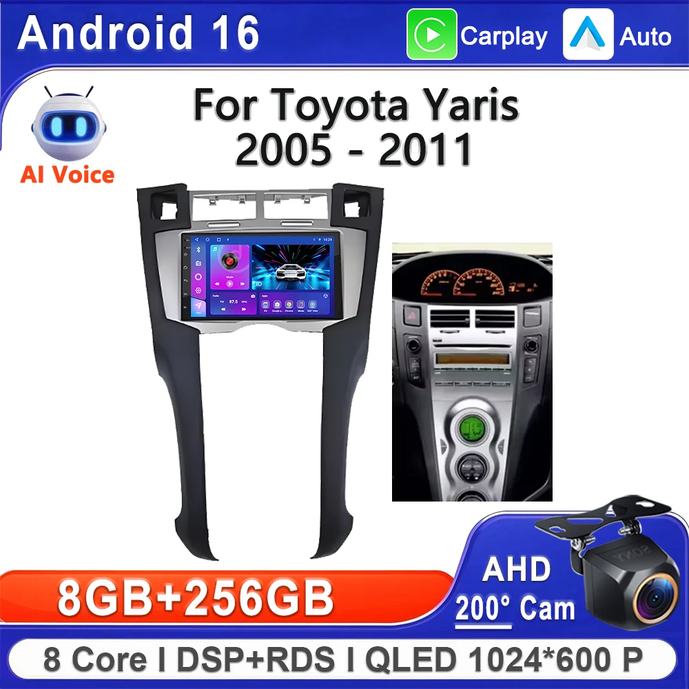 Android 16 Multimedia For Toyota Yaris 2005 - 2011 Car Plug and Play GPS Navigation High-performance CPU Touch Screen Dash Cam