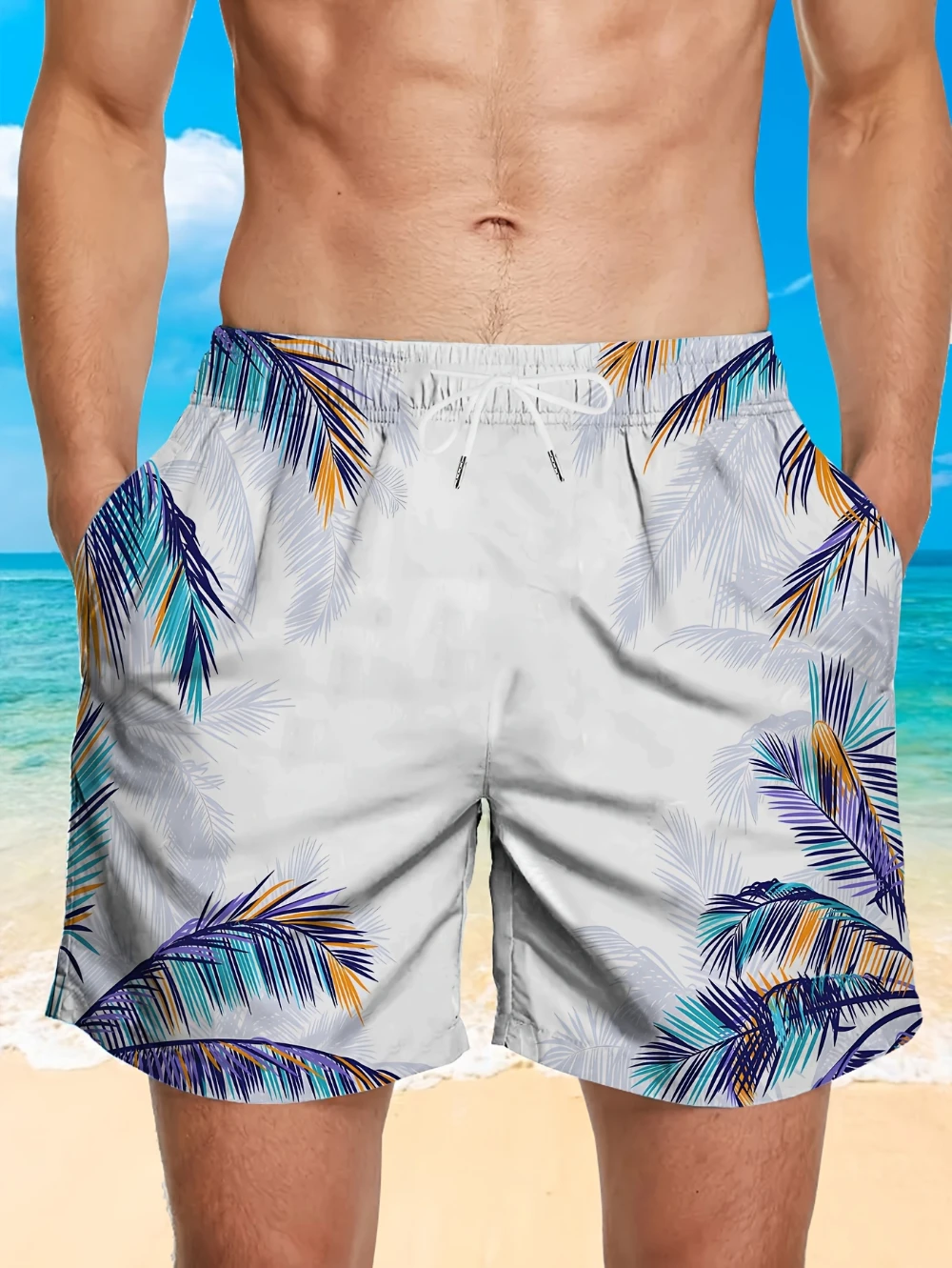 

Men's Quick-Drying Swimsuit 2025 Tropical Palm Beach Shorts Lightweight with Pockets for Swimming Vacation Surfing