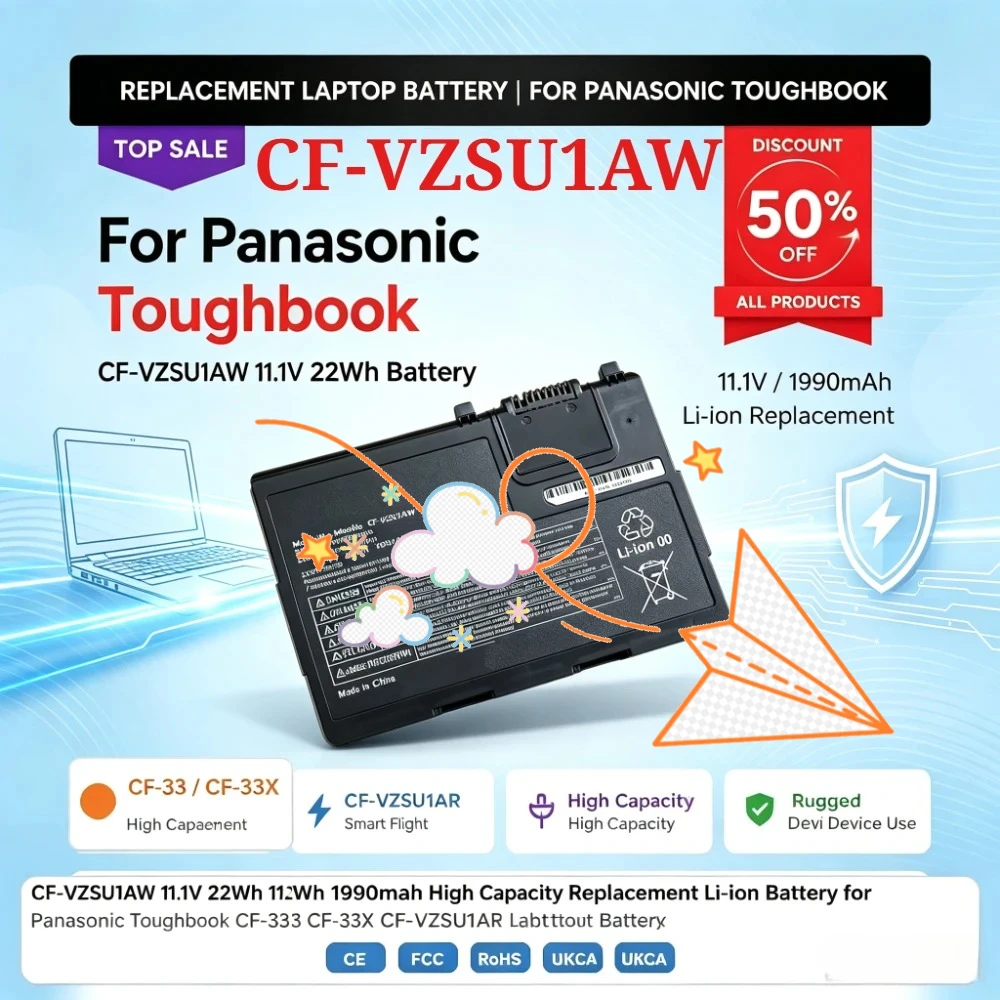 CF-VZSU1AW 11.1V 22Wh 1990mAh High Capacity Replacement Li-ion Battery for Panasonic Toughbook CF-33 CF-33X CF-VZSU1AR Laptop