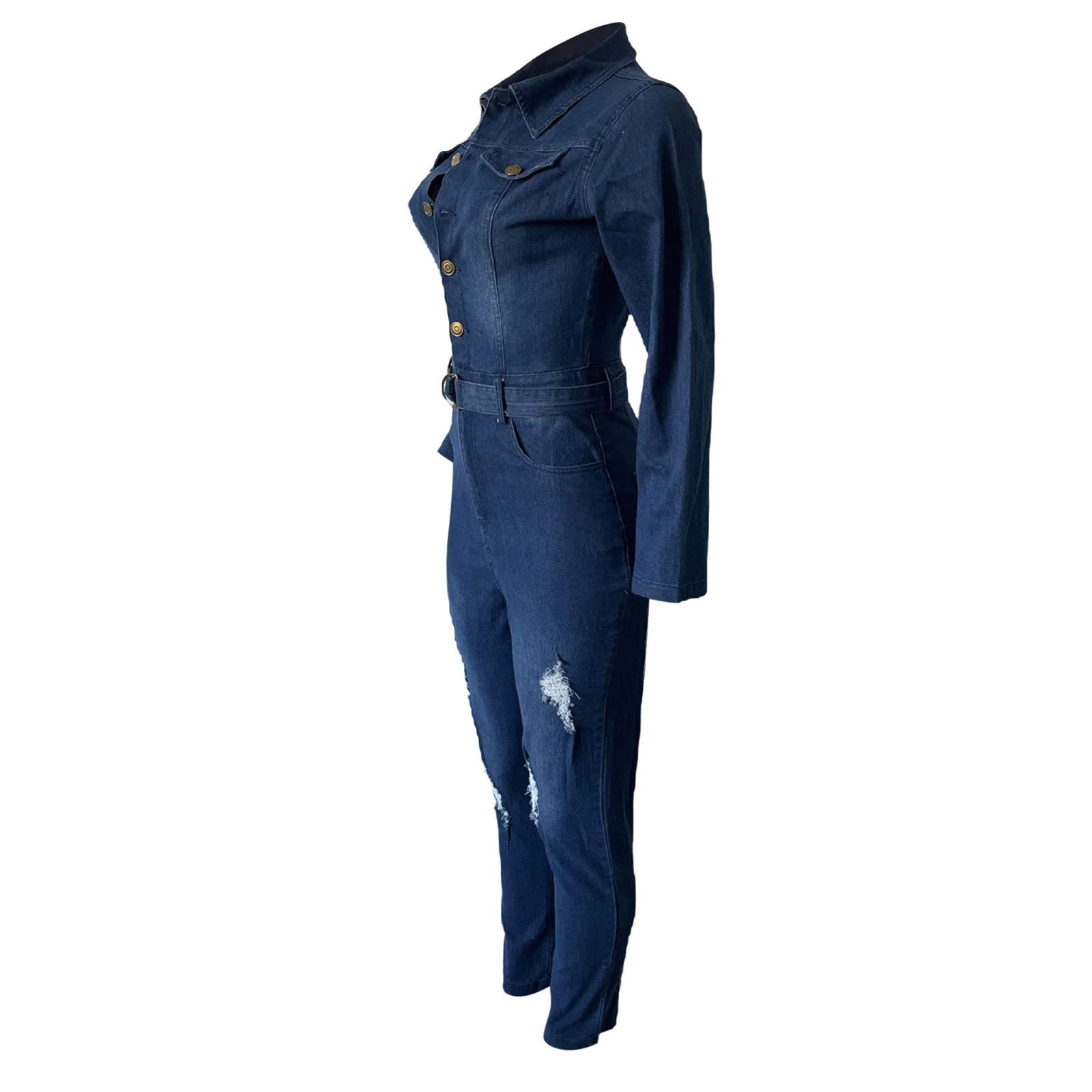 Combinaison en jean Slim pour femmes, élégante, avec ceinture de taille, revers, manches longues, boutons sur le devant, déchiré, Leggings, barboteuse, Streetwear