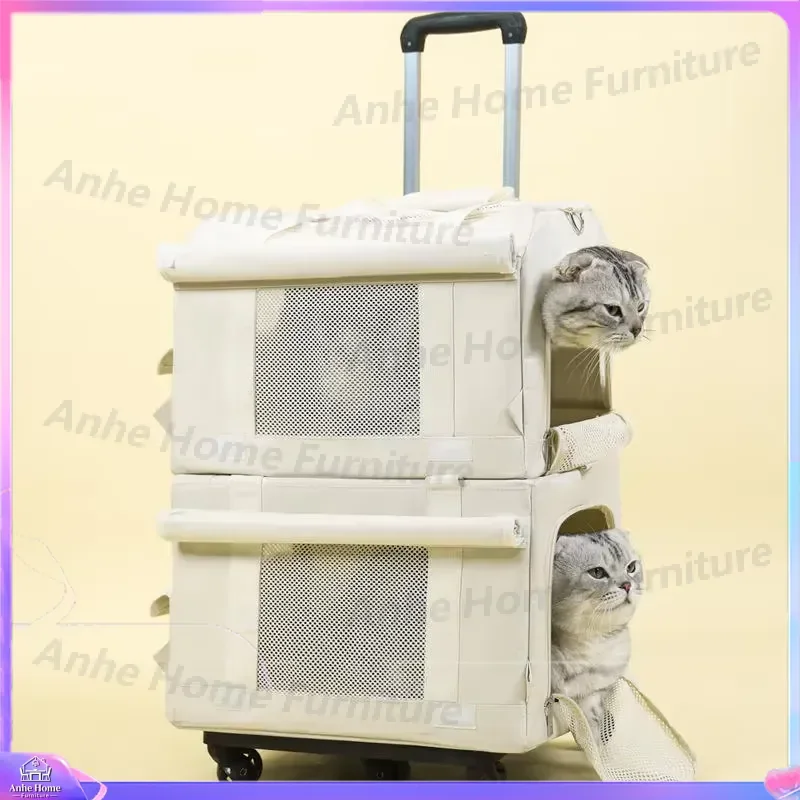 Large Capacity Double Layer Pet Carrier Trolley Breathable Dog Cat Backpack Rolling Luggage Wheeled Travel Crate for Small