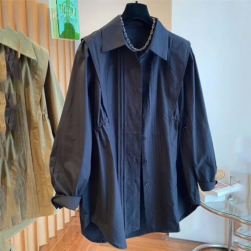 Spring Autumn Fold Shirt Women New Fashion Loose Casual Tops The Waist Button Square Collar Pure Colour Black Blouse Female