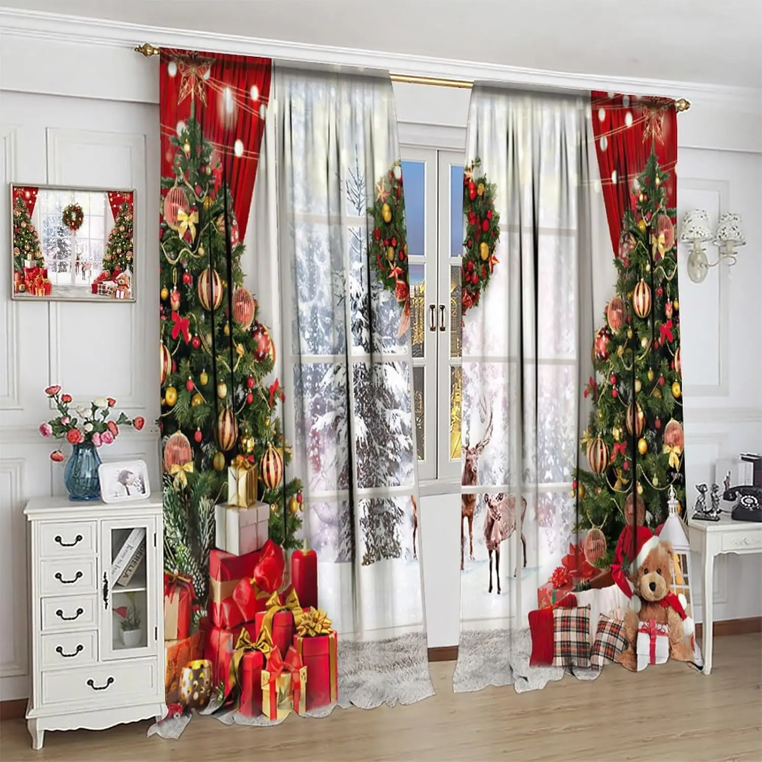 ستائر نافذة عيد الميلاد مع طباعة شجرة عيد الميلاد الشتوية اللامعة، ستائر احتفالية لديكور غرفة المعيشة وغرفة النوم