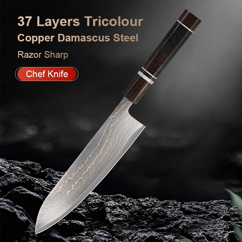 

8" Handmade Chef Knife 37 Layers Tricolour Copper Damascus Steel Razor Sharp chef Knife Meat Vegetable Ebony Wood Handle