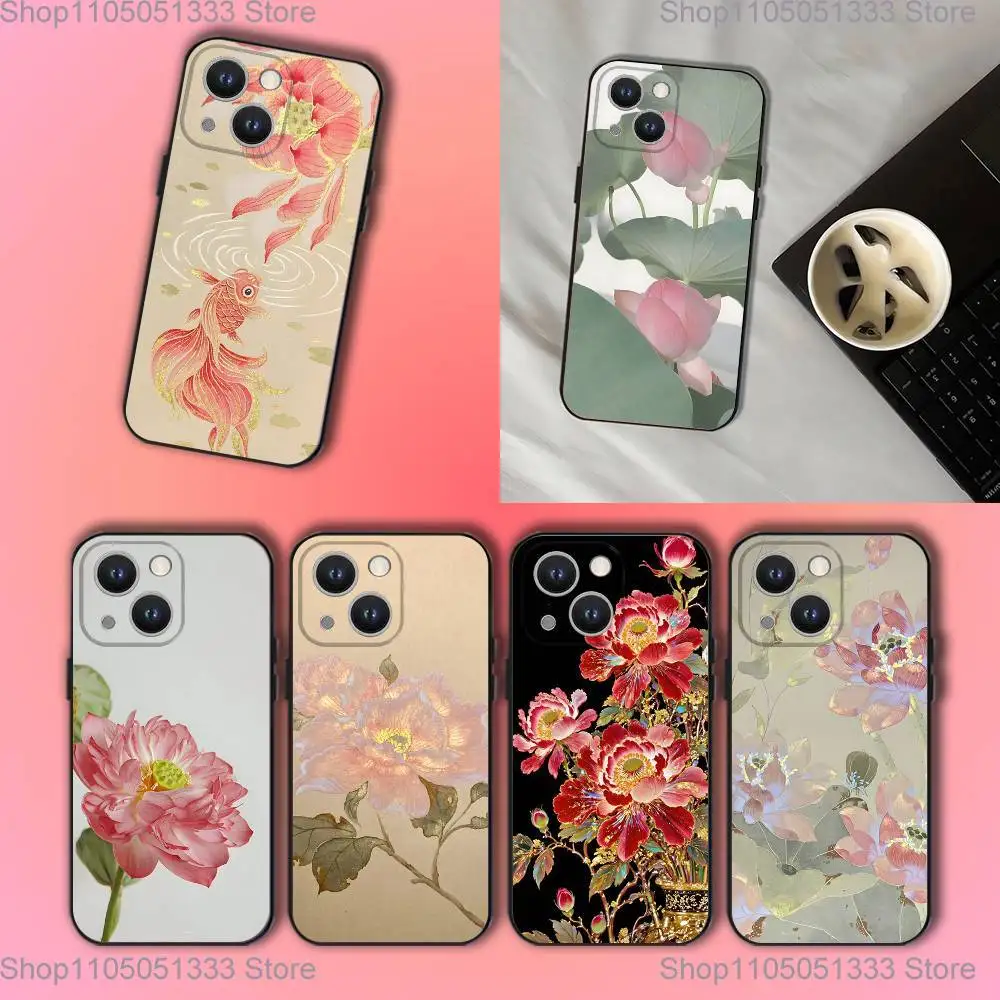 

Peony Lotus Print Design Phone Case For iPhone 17,16,15,14,13,12,11,Pro,XS,Max,XR,Plus,E,SE4,Mini Black Soft Cover