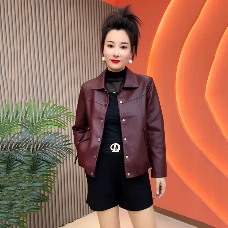 New 2026 Spring Autumn Leather Coat Ankela Red Short Leather Jacket Women's Korean Edition Versatile Casual Female Outerwear