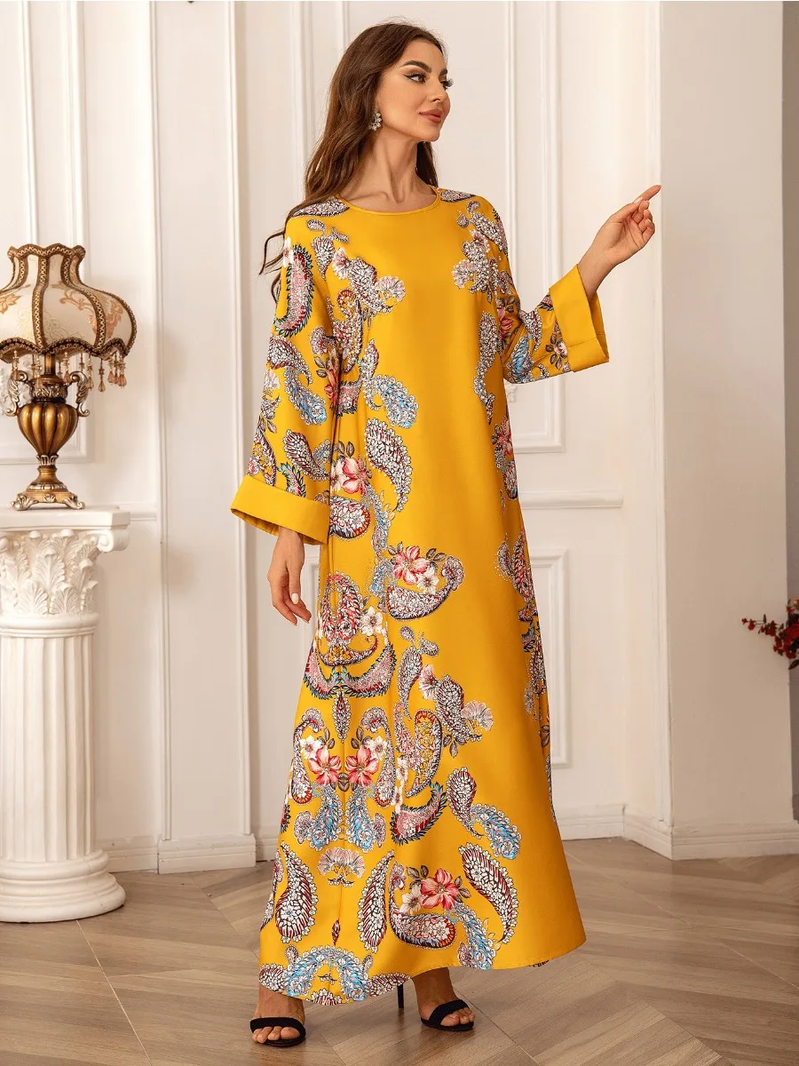 Eid Muslim Party Dress for Women Beading Print Long Dresses Ramadan Abaya Morocco Kaftan Vestidos Largos Dubai Robe Jalabiya