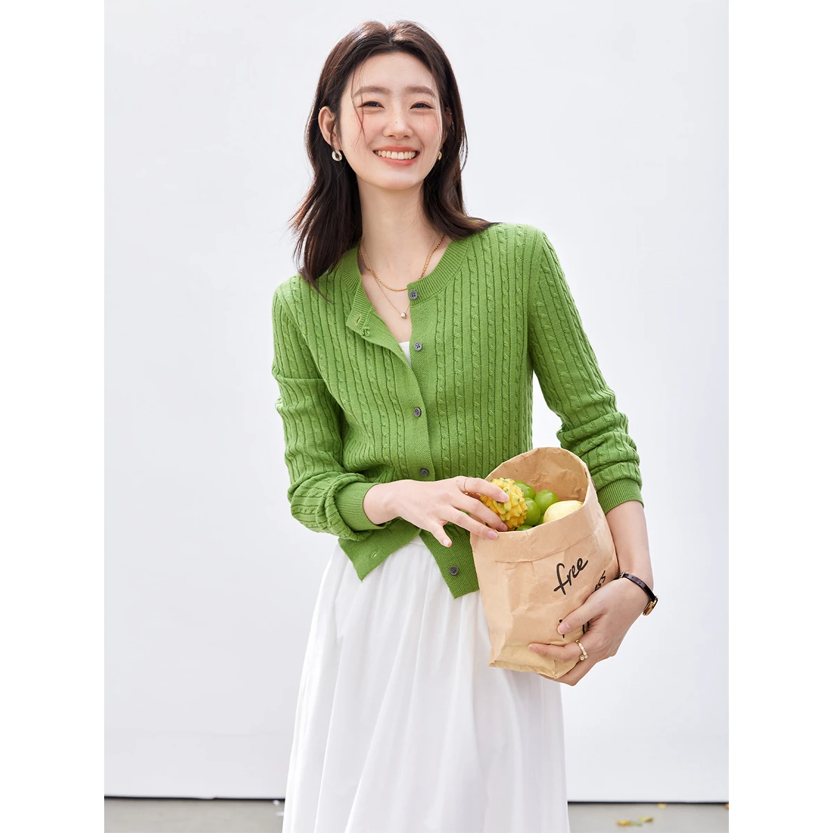 VIMLY Mint Green Cardigan for Women 2026 Fall New Elegant Wool Blend Cable Knit Round Neck Sweaters Casual Daily Outwear 75353