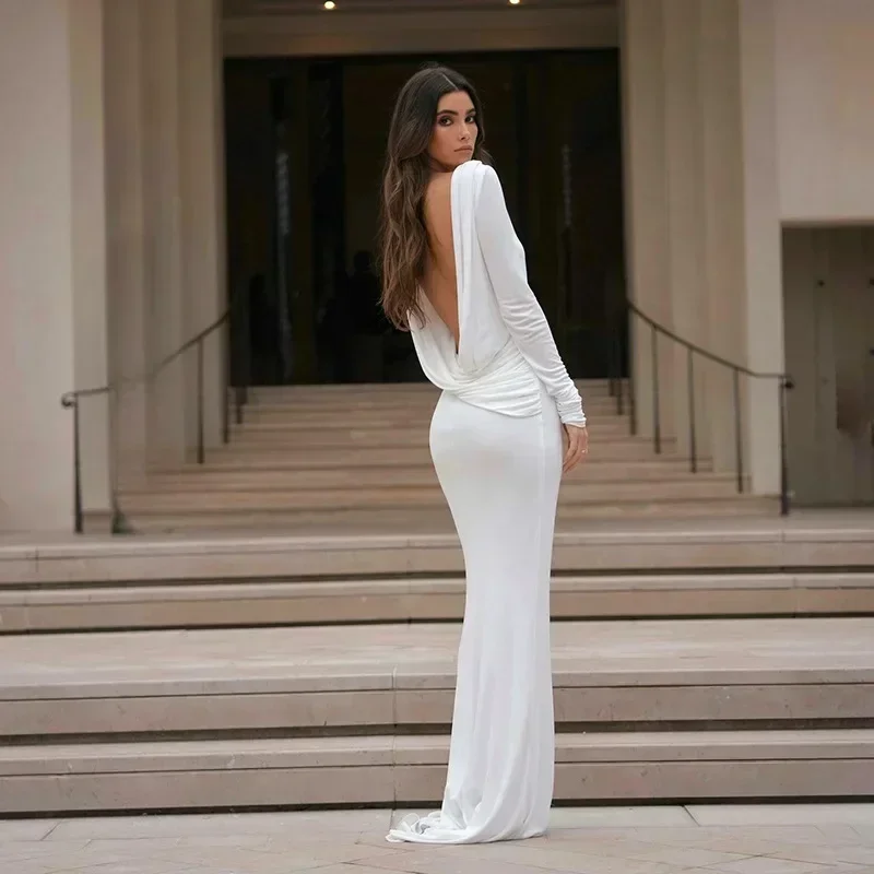 Chic Backless White Long Sleeved Slim Fit Dress for Women Pleated Elegant  Round Neck Long Dresses 2024 New Female Evening Gowns - AliExpress 200000345