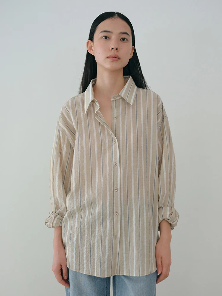 

Slim Fit Vintage Striped Shirt Women's Summer New Style Lazy Collar Side Button Thin Sun Protection Cotton Linen Blend