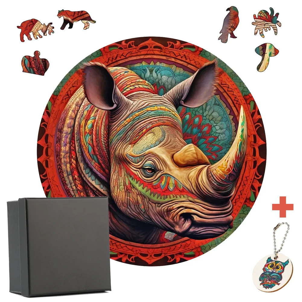 Unique Wooden Puzzles Colorful Rhinoceros Animal Shapes Wooden Jigsaw Puzzle For Adults Toys Puzzles Games Crafts Gifts