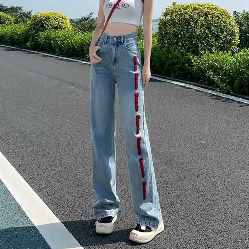 Jeans Denim Pinggang Tinggi Perca Merah Antik Celana Kaki Lebar Lurus Panjang Bordir Amerika Serbaguna Awal Musim Gugur Wanita