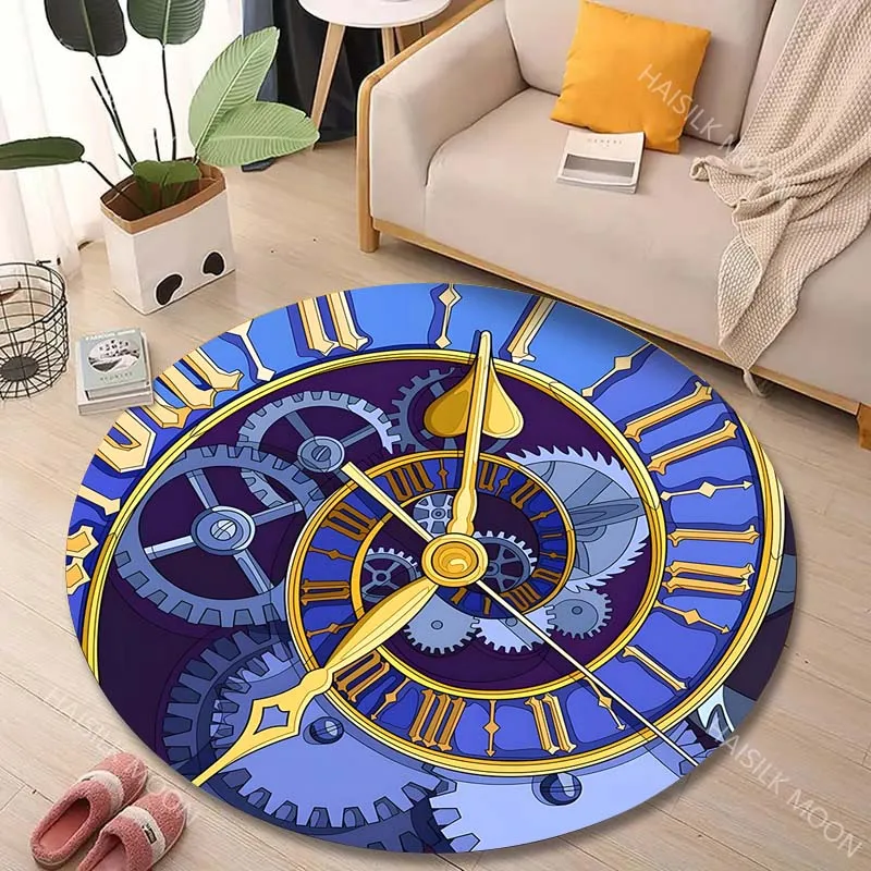 1PC Vintage Gear Clock Design Print Round Carpet for Living Room Bedroom Sofa Table Floor Mat Area Rug Luxury Gift