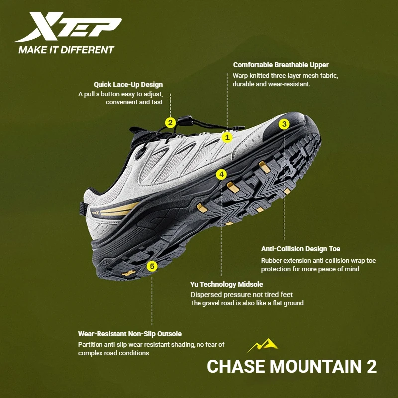 Xtep Chase Mountain 2.0 For Male Comfort Cushioning Durable Cushioning Rebound Anti-Slip Outdoor Hiking Shoes 874319170004