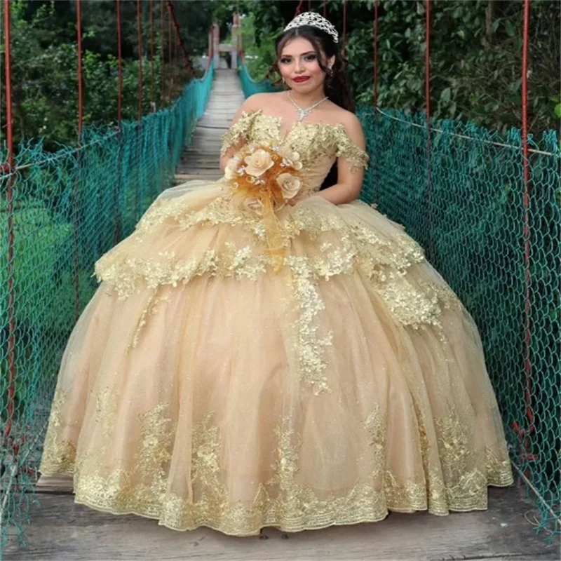 

Gold Vestidos 15 Quinceanera Princess Lace Beaded Ball Gown Birthday Vestido De Anos Xv Para 2025 Pageant Formal Ocn Dress Sweet