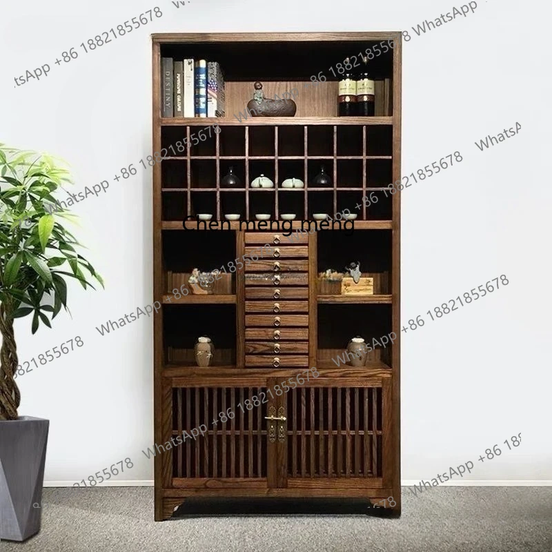 New Chinese style Pu'er tea cake storage cabinet Old elm tea cup storage cabinet Solid wood