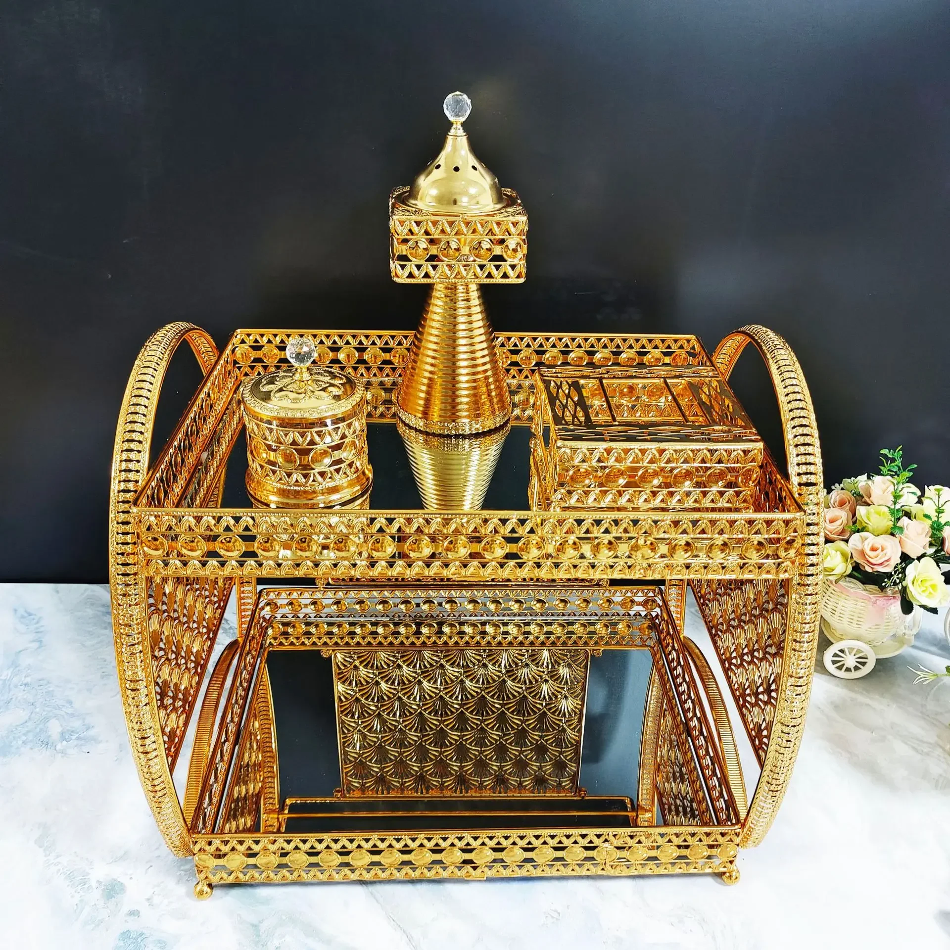 Cross-border Middle East Arabian coffee table incense burner aromatherapy burner luxury home high-end ornament metal set glass
