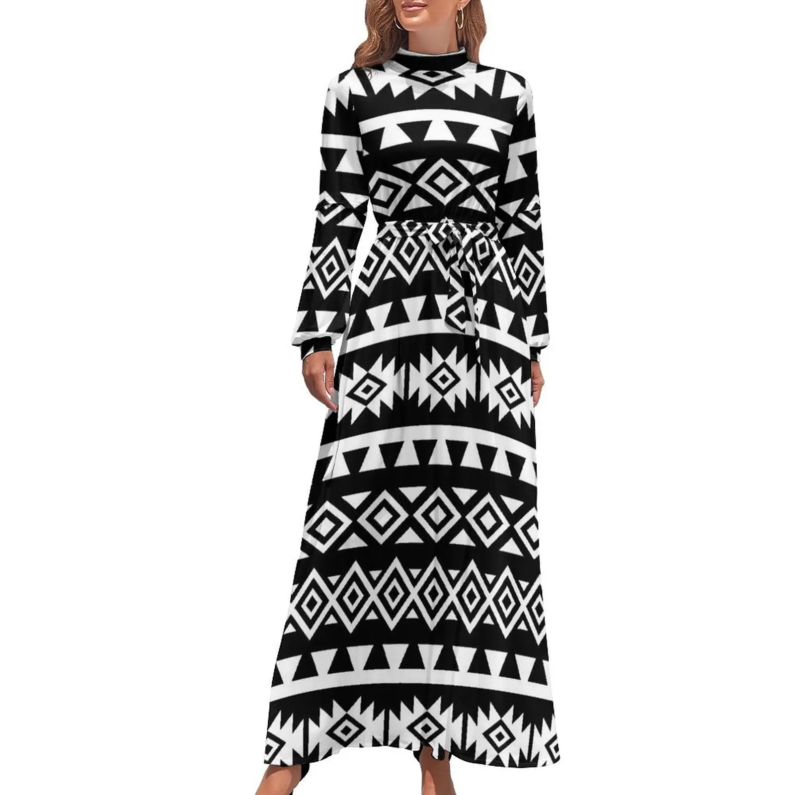 Vintage Aztec Art Dress High Waist  Custom Boho Beach Dresses Long Sleeve Street Wear Long Maxi Dress Vintage Clothing