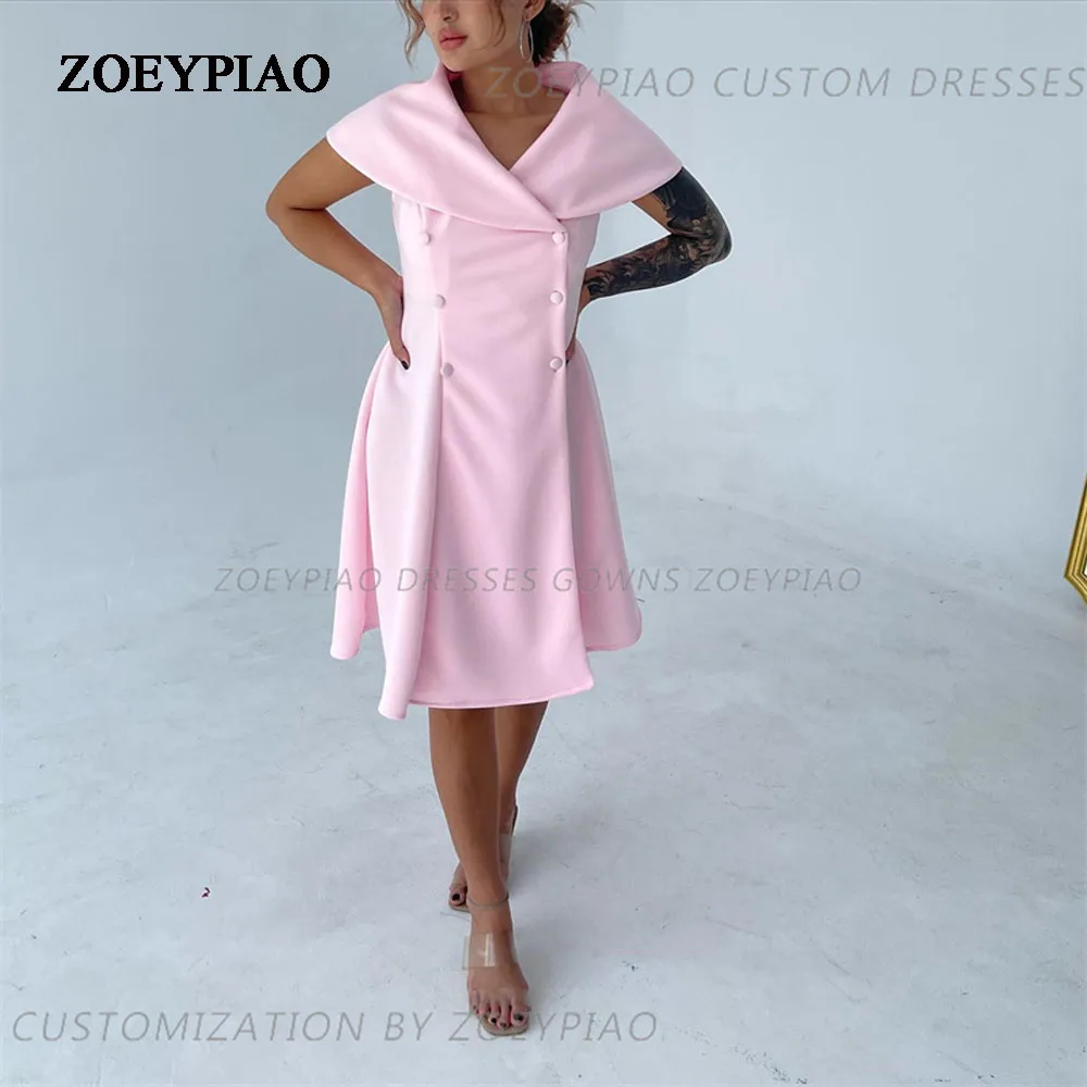 

Pink Button Short Satin Cap Sleeves Wedding Party Dress V Neck Ceremony Midi Arabic Evening Prom Gowns Simple Short Custom Made