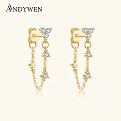 ANDYWEN 925 Sterling Silver Gold Three Zircon Chain Stud Earring Drop Women Luxury Clear Clips Jewelry 2023 Wedding Party Jewels