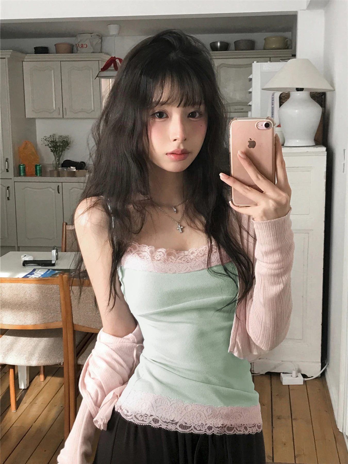 EILOVE Mint Green Contrast Color Lace Trim Slim Fit Knitted Vest Underwear Korean Style Girl's Early Fashion Inner Wear