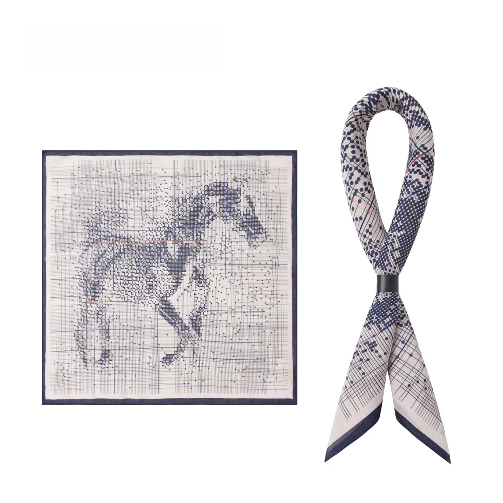 トレンディなシルクシャルムーズメンズスカーフ、芸術的なピクセル馬柄、ビジネスカジュアルスタイル、ポイントアクセサリー、多用途スクエアスカーフ