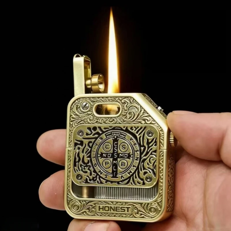 

HONEST Retro Pure Copper One Click Launch Lighter Hand Carved Transparent Window Safety Lock Advanced Windproof Lighter