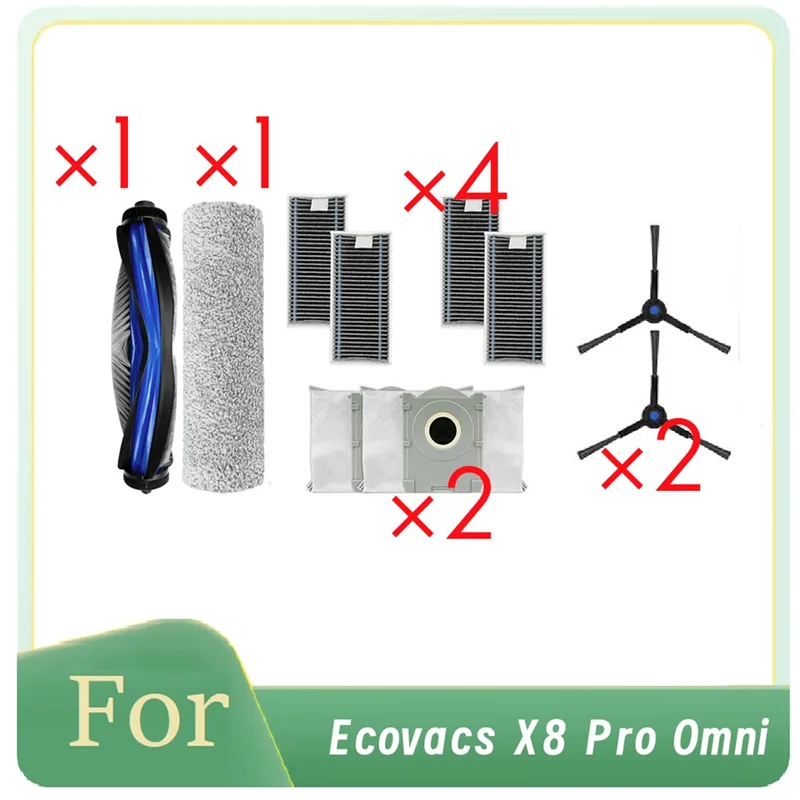 

B51CNEW! 10 шт. аксессуаров для робота-пылесоса Ecovacs X8 Pro Omni: роликовая и боковые щетки, HEPA-фильтр, салфетка для влажной уборки, мешок для сбора пыли, ультрапрочные комплектующие