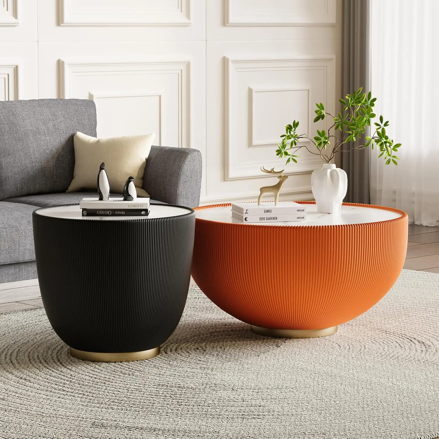 29.53" Orange Round Drum Coffee Table - Sintered Stone Tabletop, Fluted PU Leather Cover & Metal Base,