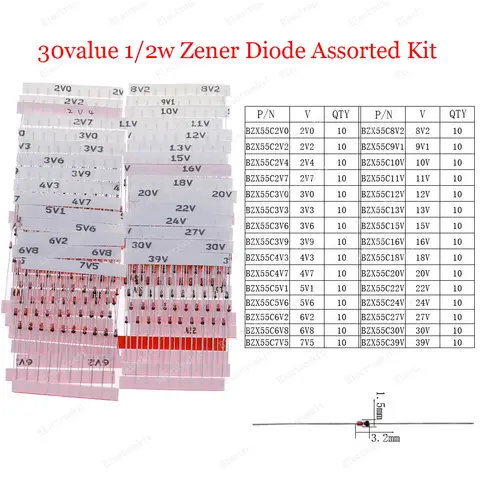 300pcs 30Value Zener Diode kit 0 5W 1/2w Voltage Regulator 2V 3 3V 3 9V 4 7V 5 1V 7 5V 8 2V 9 1V 12V 15V 18V 20V 24V 27V 30V 39V