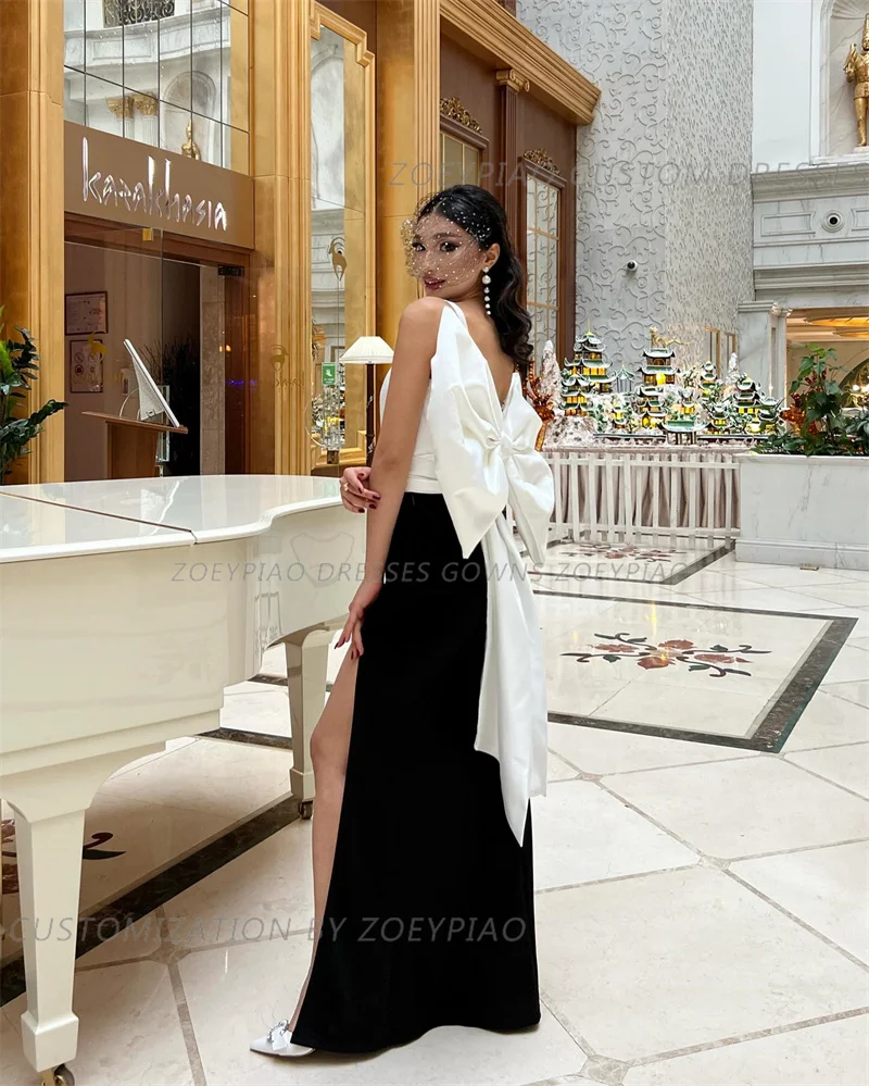 Vestidos de noche con lazo trasero blanco y negro para mujer, vestidos de celebridades personalizados sin tirantes para eventos especiales, vestidos largos de Graduación