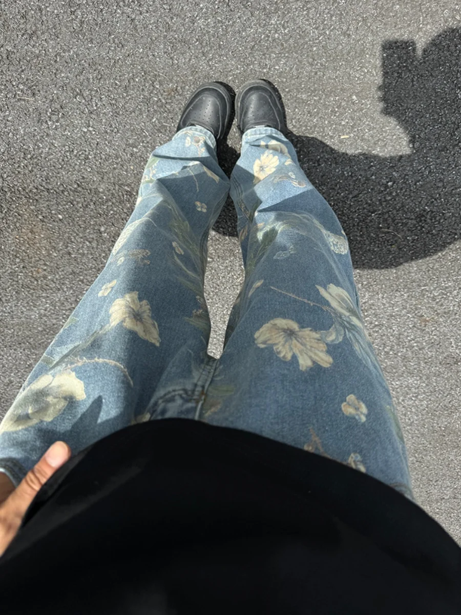 

Ретро-джинсы с цветочным принтом в американском стиле, свободные прямые синие брюки, повседневные длинные брюки, модные джинсы с высокой талией для молодежи