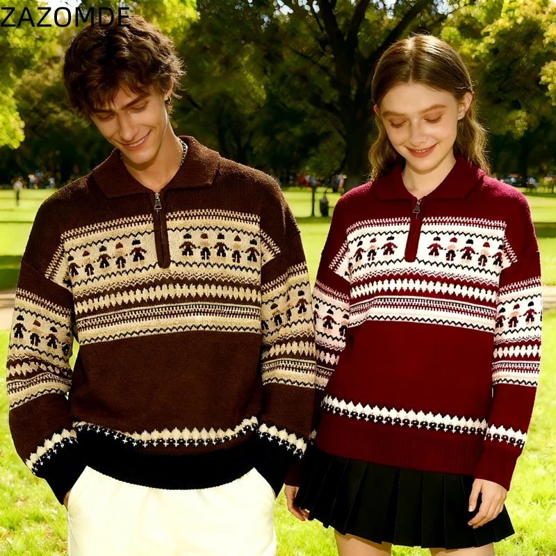 ZAZOMDE 2025 Bohemian Style Half Zip Sweater For Women Men Vintage Inspired Tribal Print Loose Fit Knit Pullover Unique Design
