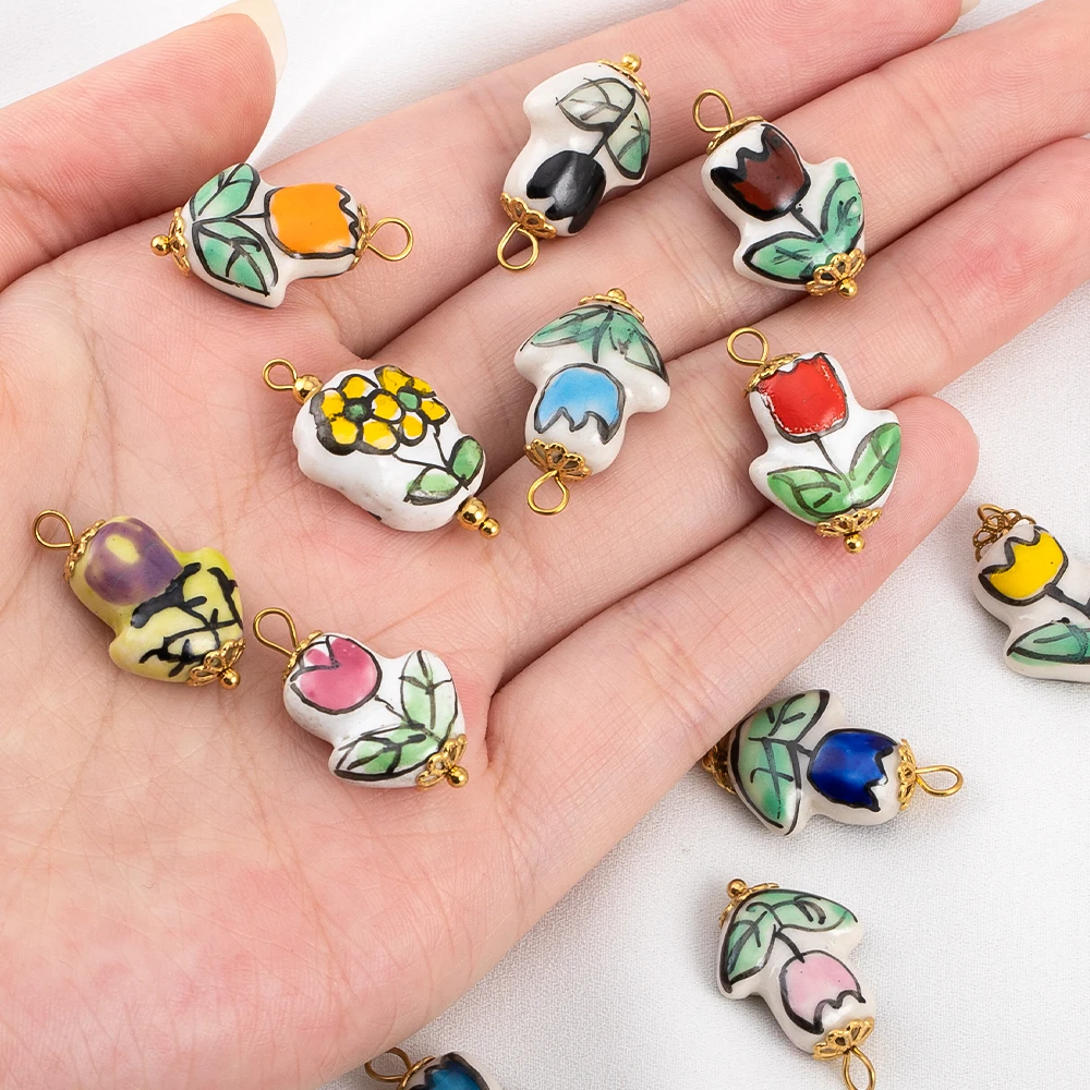 2 قطعة المعلقات زهرة السيراميك رسمت الفولاذ المقاوم للصدأ سحر ملون DIY بها بنفسك صنع المجوهرات أساور القرط اكسسوارات الحرف #5