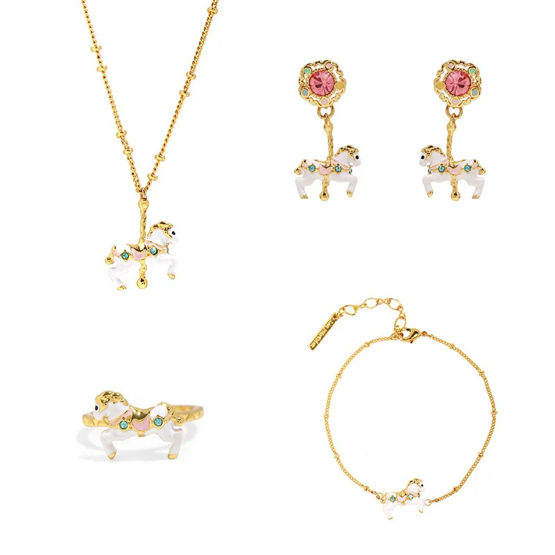 

French Romantic Elegant Gift Temperament Enamel Ear Clip Necklace Bracelet Ring Jewelry Sets for Women Cute Carousel Pendant