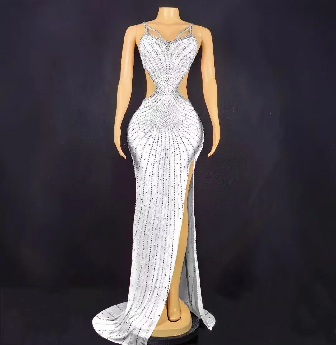 Vestido Sexy para sesión de fotos, rosa, azul, brillante, con diamantes de imitación, vestido sin espalda con abertura alta, vestido de fiesta de noche, alfombra roja para escenario